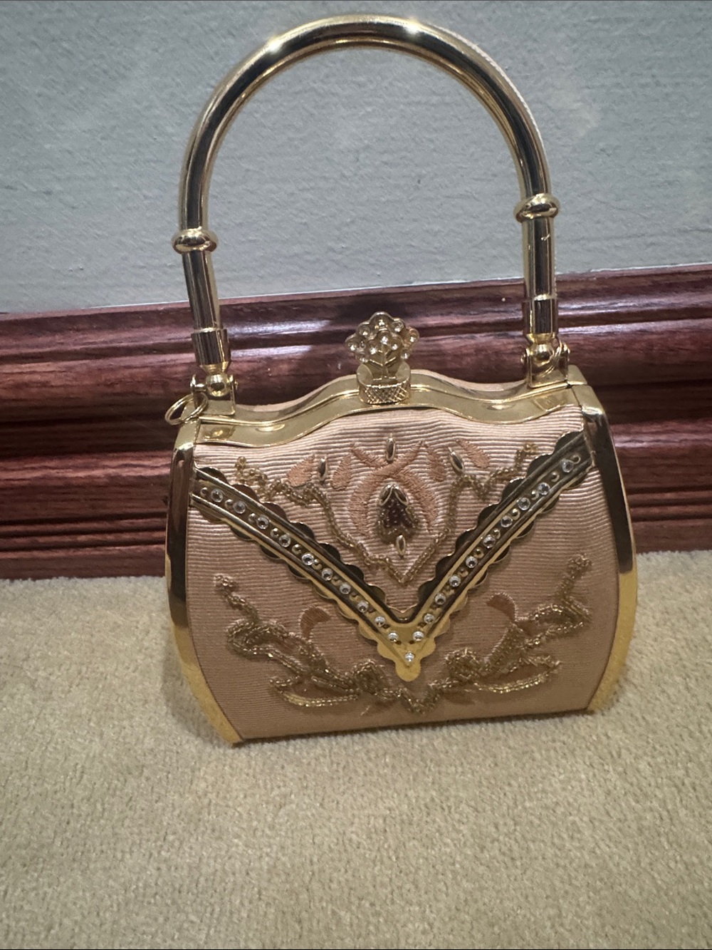 Elegant Gold-Trim Beige Evening Handbag